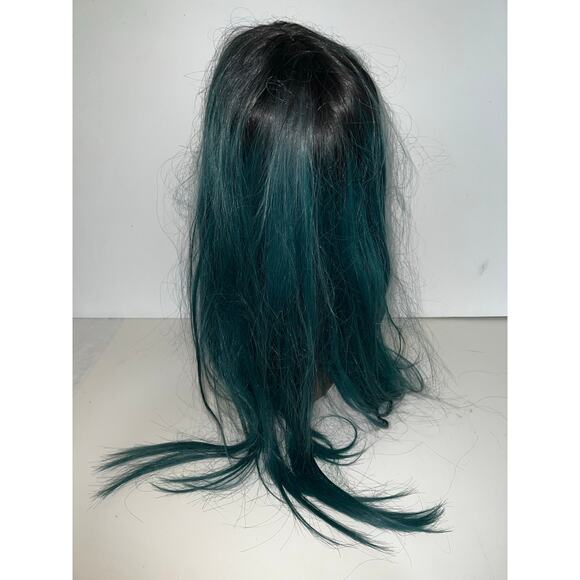 Long Ombre Straight Free Parting Synthetic Wig Two Tone Mix teal Green black NWT - Picture 9 of 12